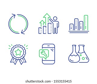 Graph chart, Employee results and Phone repair line icons set. Loyalty award, Refresh and Chemistry lab signs. Growth report, Chart, Spanner service. Bonus medal. Technology set. Vector