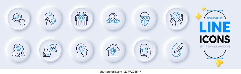 Graph chart, Engineering team and Employees teamwork line icons for web app. Pack of Cyber attack, Eye drops, Sick man pictogram icons. Human rating, Fingerprint access, Idea head signs. Vector