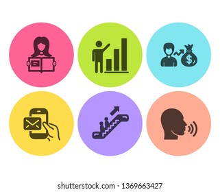Graph chart, Escalator and Sallary icons simple set. Messenger mail, Woman read and Human sing signs. Growth report, Elevator. People set. Flat graph chart icon. Circle button. Vector