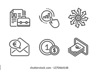 Graph chart, Euro money and Versatile icons simple set. Usd coins, Vacancy and Cash signs. Get report, Receive cash. Finance set. Line graph chart icon. Editable stroke. Vector