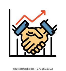 Icono de color de línea llena de gráfico gráfico. Crecimiento de rendimiento con flecha y dos manos temblorosas. Simboliza el éxito de la cooperación.