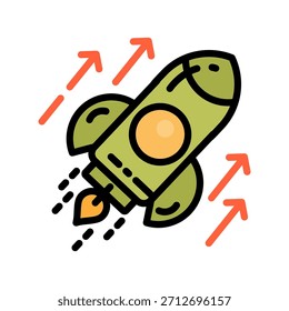 Farbsymbol für ausgefüllte Linien im Diagramm. Business Launch mit Raketensymbol. Perfekt für die Einführung eines neuen Produkts, einer neuen Dienstleistung oder einer gesamten Marke auf dem Markt für die Öffentlichkeit.