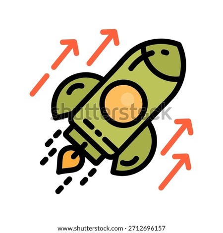 Graph chart filled line color icon. Business Launch with rocket Symbol. Perfect for introducing a new product, service, or entire brand to the market to the public.