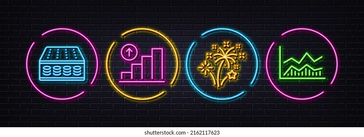 Graph chart, Fireworks and Mattress minimal line icons. Neon laser 3d lights. Trade infochart icons. For web, application, printing. Growth report, Pyrotechnic salute, Pocket sprung. Vector