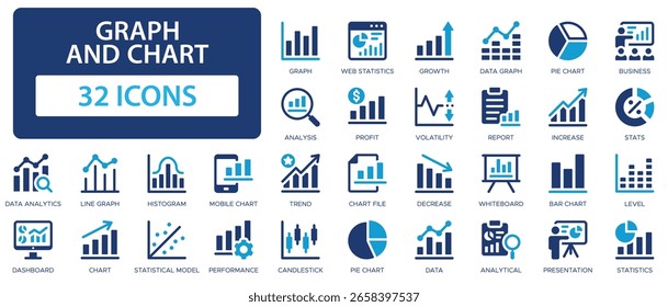 Graph and Chart flat icons collection. Dashboard, analysis, growth, pie chart, business, stats, report, data analytics, data sign set.