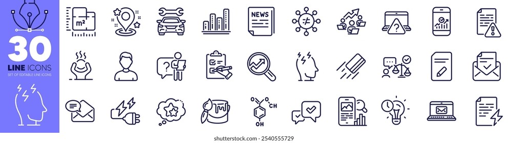 Gráfico, Planta de chão e linha de pesquisa do telefone ícones pack. Advogado, notícias falsas, ícone de estresse na web. Escova, carro, pictograma de cartão de crédito. Fórmula química, estatísticas do Smartphone, funcionário da pesquisa. Vetor