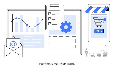 Gráfico com gráfico e engrenagem, lista de verificação na área de transferência, símbolo de e-mail e smartphone com carrinho de compras. Ideal para gerenciamento de negócios, comércio eletrônico, análise de desempenho, compras on-line, organização