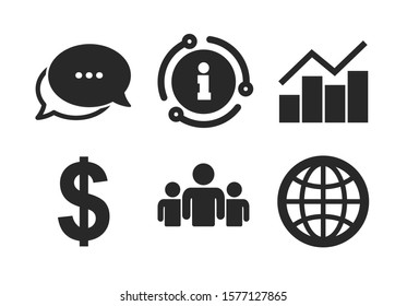 Graph chart and globe signs. Chat, info sign. Business icons. Dollar currency and group of people symbols. Classic style speech bubble icon. Vector