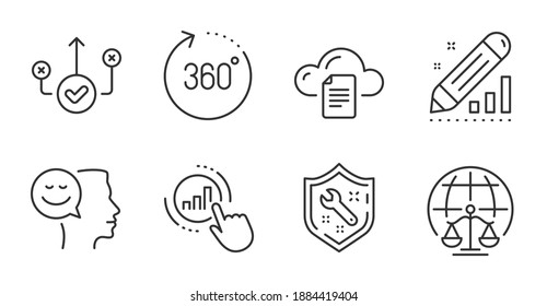 Graph chart, Good mood and Edit statistics line icons set. Spanner, 360 degrees and File storage signs. Correct way, Magistrates court symbols. Get report, Positive thinking, Seo manage. Vector