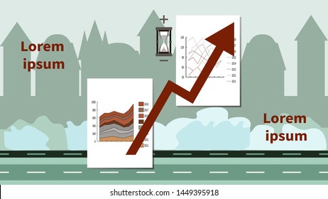 Graph, chart, growth arrow. Hourglass with plus and minus signs. City buildings silhouettes. Vector flat illustration on city background. Business concept for building investment, finance, economy.