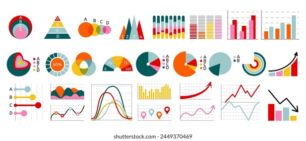 Graph chart. Growth graphic, arrow statistic, stock economy, financial diagram, data bar, business infographic isolated presentation decor elements, money profit, finance progress. Vector icon set