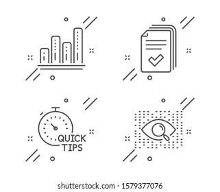 Graph chart, Handout and Quick tips line icons set. Artificial intelligence sign. Growth report, Documents example, Helpful tricks. Find data. Technology set. Line graph chart outline icon. Vector