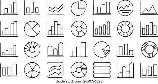 gráfico e conjunto de ícones de gráfico, 30 símbolos de contorno preto editáveis, análise de dados, estatísticas de barras e de pizza, estatísticas mínimas no estilo de grade