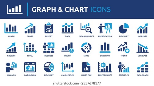 Graph and Chart icon set. Containing data, increase, growth, pie chart, data analytics, business, report and more. Solid vector icons collection.