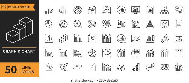 Graph and Chart icon set. Containing data, increase, growth, pie chart, data analytics, business, report and more. editable stroke. vector illustration