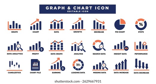Graph and Chart icon set. Containing data, increase, growth, pie chart, analytics, business, and more. Solid Editable icons collection.