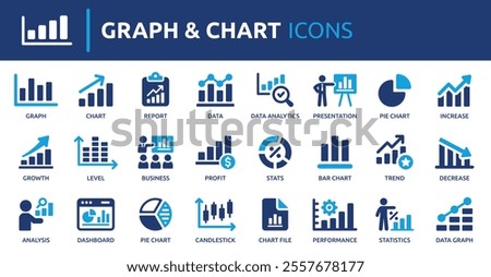 Graph and Chart icon set. Containing data, increase, growth, pie chart, data analytics, business, report and more. Solid vector icons collection.