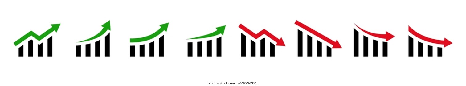 Gráfico ou conjunto de ícones de gráfico. Ícones do gráfico de barras financeiras com setas ascendentes e descendentes. Gráfico subindo e descendo sinal. Estatísticas de lucros e perdas. ícone Aumentar e diminuir. Ilustração vetorial