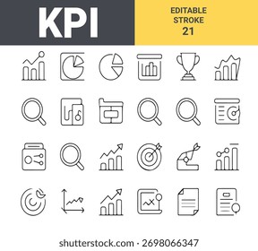 Graph and chart icons for analytics and data dashboards, showing growth trends, forecast metrics, KPI, performance, and business reporting insight