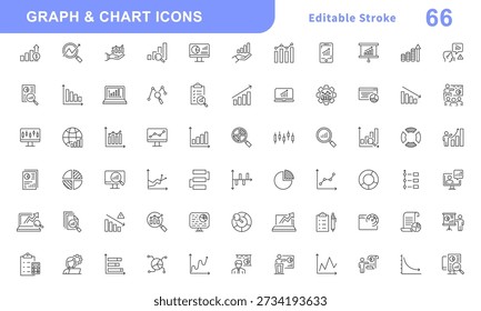 Graph and Chart icons set. Graph, finance report, income growth, economy statistic, gantt diagram, infographic, data visualization. Outline signs of analytic. Editable Stroke. Vector illustration