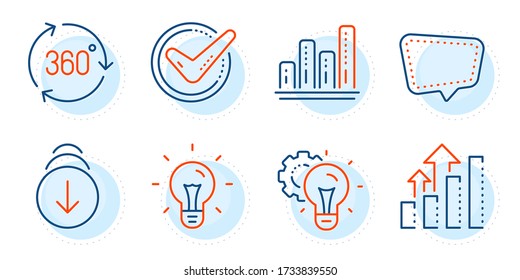Graph chart, Idea gear and Chat message signs. 360 degree, Confirmed and Scroll down line icons set. Analysis graph, Idea symbols. Virtual reality, Accepted message. Technology set. Vector