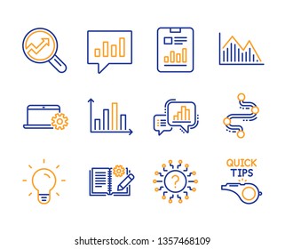 Graph chart, Light bulb and Notebook service icons simple set. Analytics, Engineering documentation and Analytical chat signs. Investment graph, Question mark and Timeline symbols. Vector