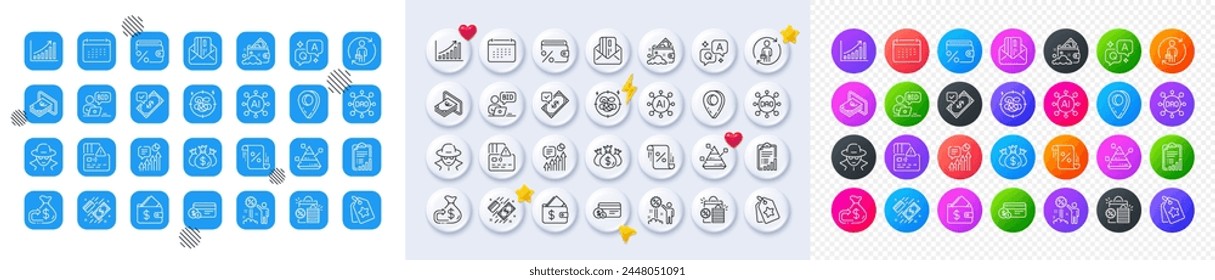 Gráfico gráfico, porcentaje de préstamo e iconos de línea Dao. Cuadrado, Degradado, Botones 3d de chincheta. Iconos de AI, QA y pin de mapa. Paquete de efectivo, lista de verificación, icono de calendario. Cartera, Forma de pago, Pictograma de impuestos de ahorros. Vector