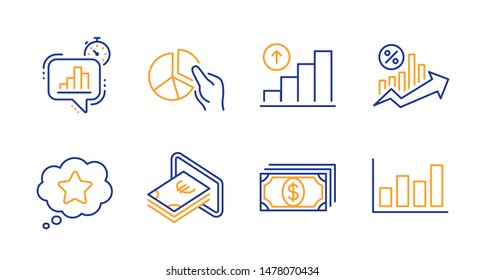 Graph chart, Loan percent and Loyalty star line icons set. Statistics timer, Payment and Pie chart signs. Cash, Report diagram symbols. Growth report, Bonus reward. Finance set. Vector