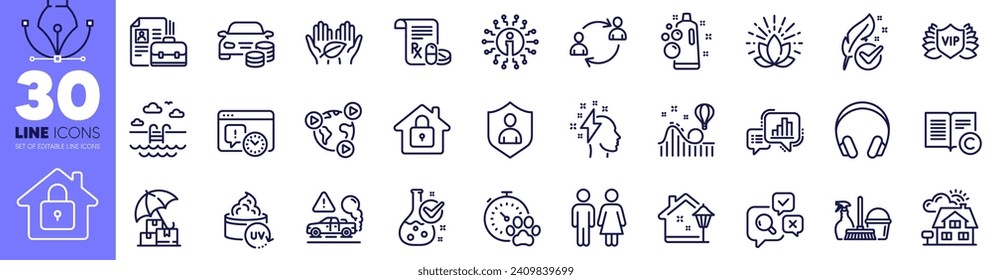 Graph chart, Lotus and Buy car line icons pack. Headphones, Info, Video conference web icon. Vip security, Hypoallergenic tested, Copyright pictogram. Clean bubbles, Realtor, Chemistry lab. Vector