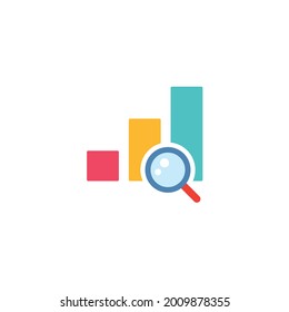 Graph chart with magnifier icon. Growing colorful graph and magnify glass. Financial audit symbol. Business analysis report concept. Statistic data in flat style. Vector illustration isolated