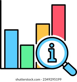 Gráfica con icono de ampliación. Gráfica creciente y vidrio de aumento. Símbolo de auditoría financiera. Concepto de informe de análisis de negocio. Datos estadísticos de estilo plano. Ilustración de vectores aislada