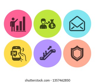 Graph chart, Mail and Escalator icons simple set. 24h service, Sallary and Security signs. Growth report, E-mail. Flat graph chart icon. Circle button. Vector