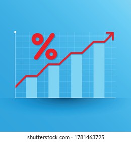 Graph chart moving up meaning growth and increase money value with percentage symbol. Vector illustration