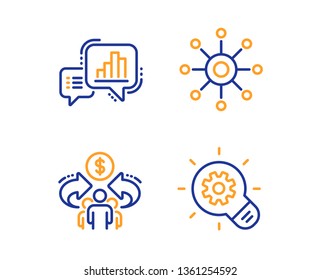 Graph chart, Multichannel and Sharing economy icons simple set. Cogwheel sign. Growth report, Multitasking, Share. Idea bulb. Science set. Linear graph chart icon. Colorful design set. Vector