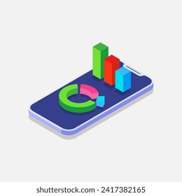 Gráfica y gráfico en la pantalla del smartphone 3d ilustración vectorial de infografía isométrica