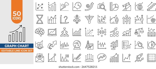 Graph Chart Outline Icon Set – Editable Vector Icons for Reports, Charts, Statistics, Data Analysis, Surveys, Business Growth, Metrics and Data Visualization. Editable Stroke. Vector illustration