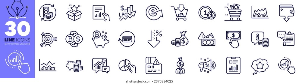 Graph chart, Payment click and Document line icons pack. Report document, Card, Manager web icon. Dollar exchange, Target, Bitcoin coin pictogram. Trade chart, Clipboard, Wallet. Vector