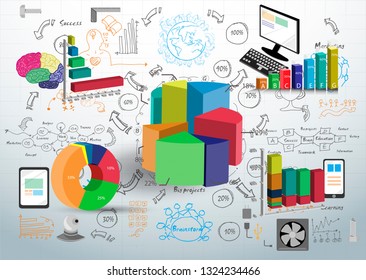 Graph chart Percent 3D and icon - Background Plan Business Data for success - Creativity style modern Idea and Concept vector illustration