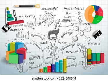 Graph chart Percent 3D and icon - Background Plan Business Data for success - Creativity style modern Idea and Concept vector illustration
