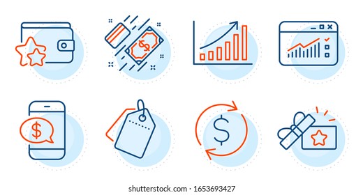 Graph chart, Phone payment and Web traffic signs. Dollar exchange, Loyalty gift and Payment line icons set. Sale tags, Loyalty program symbols. Banking rates, Bonus award. Finance set. Vector