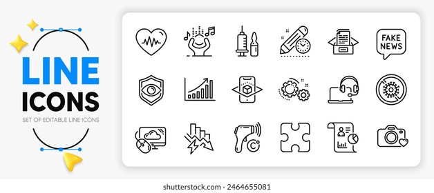 Graph chart, Photo camera and Fake news line icons set for app include Report, Noise, Stop coronavirus outline thin icon. Saving electricity, Medical vaccination, Documents box pictogram icon. Vector