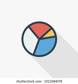 gráfico gráfico gráfico, icono de color plano de línea delgada de diagrama circular. Ilustración vectorial lineal. Pictograma aislado sobre fondo blanco. Colorido diseño de sombra larga.