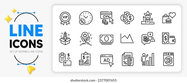 Graph chart, Pos terminal and Stress line icons set for app include Credit card, Wallet money, Ad outline thin icon. Line chart, Cvv code, Report pictogram icon. Loan percent. Vector