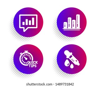 Graph chart, Quick tips and Analytical chat icons simple set. Halftone dots button. Chemistry pipette sign. Growth report, Helpful tricks, Communication speech bubble. Laboratory. Science set. Vector