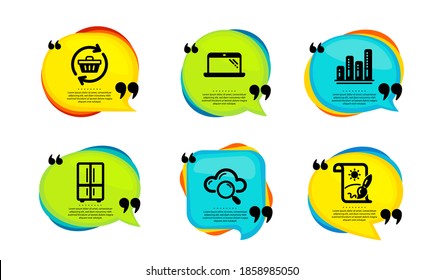Gráfica, Refrigerador y los iconos de la laptop conjunto simple. Burbuja del discurso con citas. Refrescar carros, computación en la nube y señales de pintura creativa. Informe de crecimiento, nevera de dos cámaras, computadora. Vector