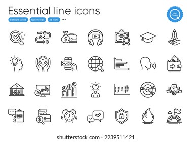 Graph chart, Safe time and Internet line icons. Collection of Salary, Candlestick chart, Time management icons. Targeting, Crowdfunding, Teamwork web elements. Messenger mail, Education, Lgbt. Vector