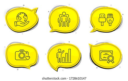 Graph chart sign. Diploma certificate, save planet chat bubbles. Computer cables, Photo camera and Group line icons set. Rj45 internet, Love photos, Managers. Growth report. Science set. Vector