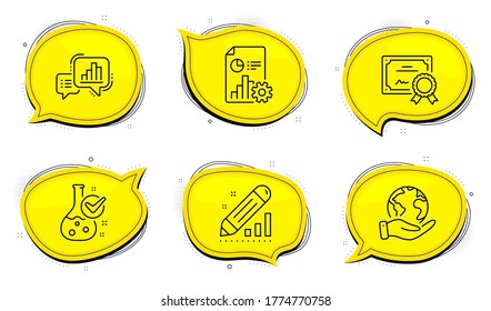 Graph chart sign. Diploma certificate, save planet chat bubbles. Report, Edit statistics and Chemistry lab line icons set. Presentation document, Seo manage, Laboratory flask. Growth report. Vector