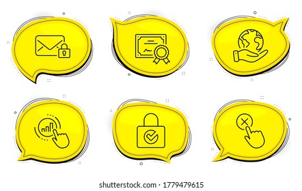 Signo de gráfico de gráficos. Certificado de diploma, salva las burbujas de chat del planeta. Cifrado de contraseña, clic en Rechazar y conjunto de iconos de línea de correo seguro. Bloqueador de protección, botón Eliminar, correo electrónico privado. Obtener informe. Vector