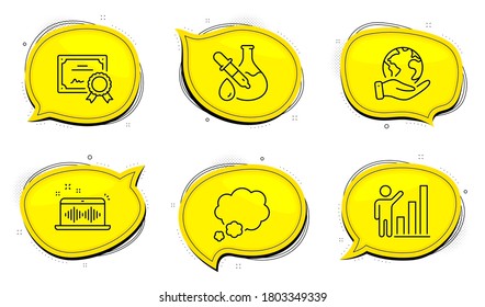 Graph chart sign. Diploma certificate, save planet chat bubbles. Chemistry experiment, Music making and Talk bubble line icons set. Laboratory flask, Dj app, Chat message. Growth report. Vector